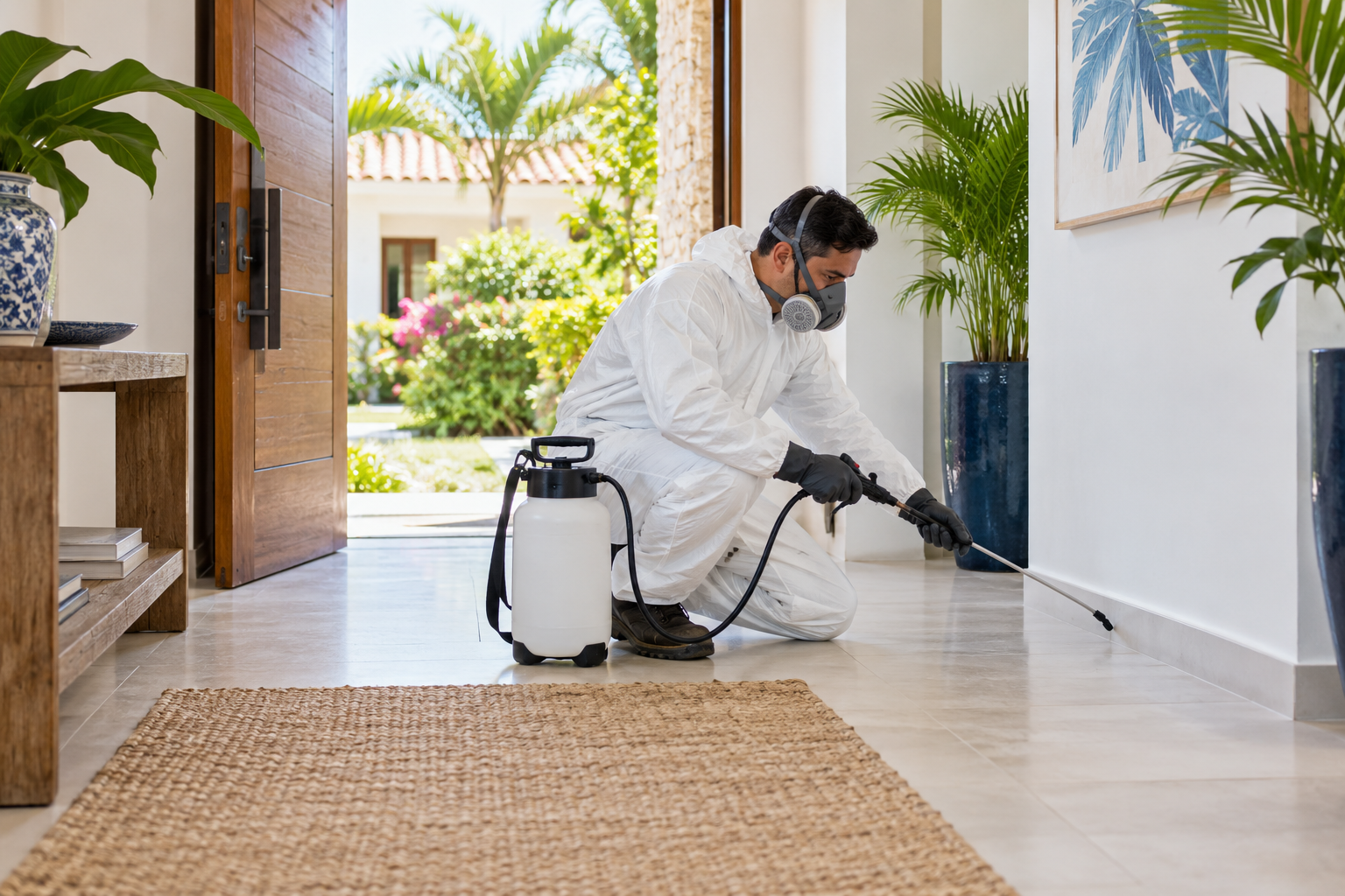 Técnico realizando control de plagas en una vivienda